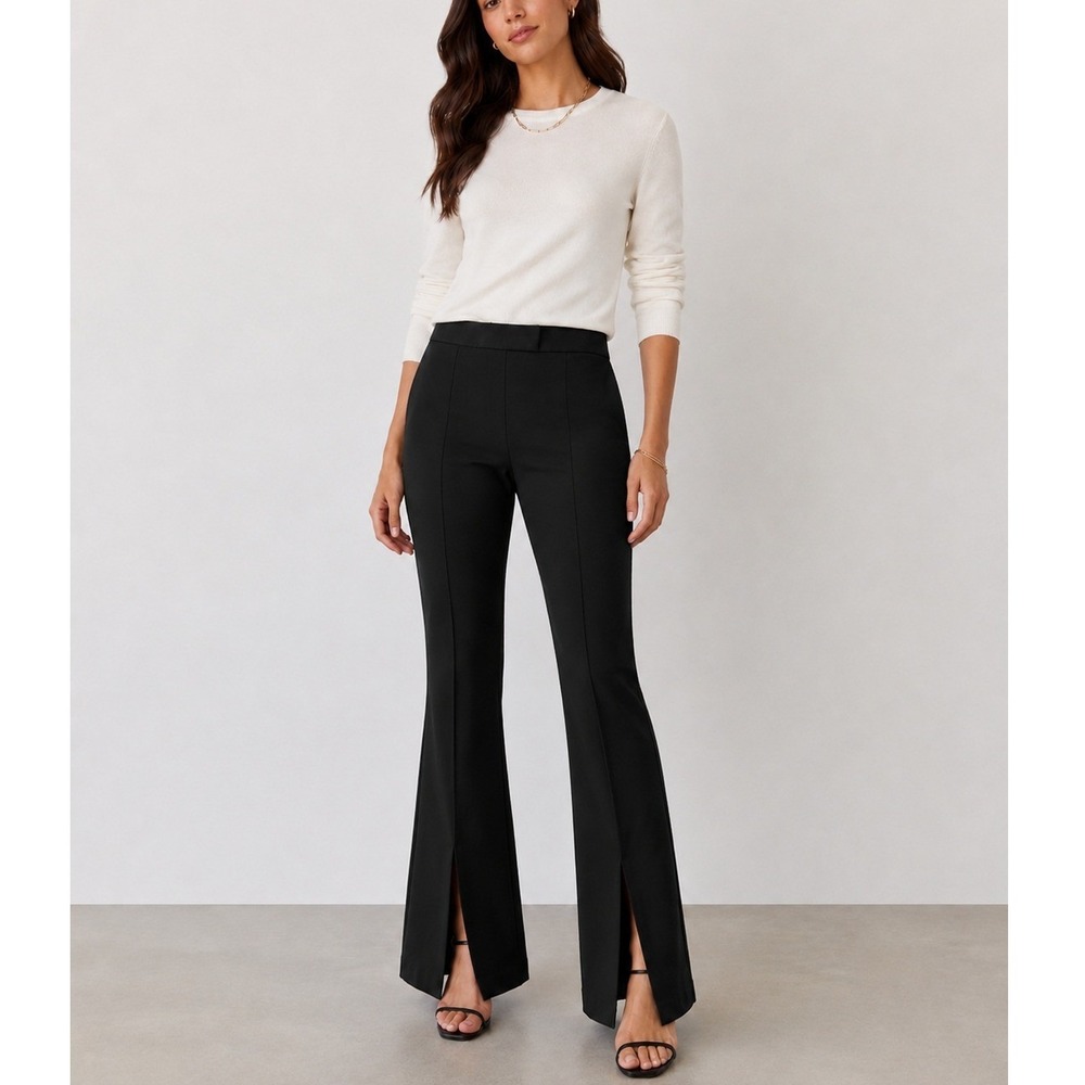 Alice + Olivia Black Flare Pants Size 12 Front Slit Tailored Dress Trousers